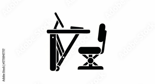 Workspace icon with a drafting table and office chair. Minimalist flat design silhouette. Vector graphic of school or office furniture