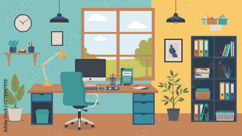 A cozy home office setup with desk, computer, and bookshelf illustration