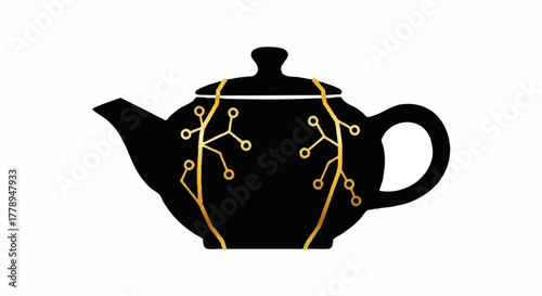Black teapot silhouette with a gold circuit pattern. Kintsugi and technology fusion concept. Minimalist flat design vector illustration