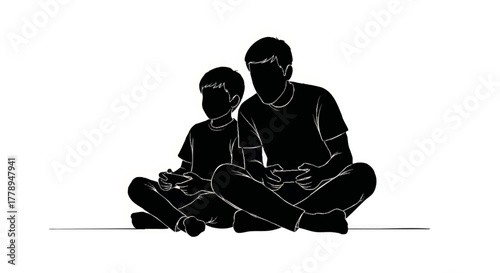 Silhouette illustration of a father and son playing video games. Family bonding and modern entertainment concept. Minimalist black and white vector graphic