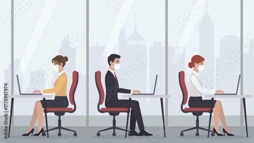 Office workers wearing masks at desks with laptops illustration