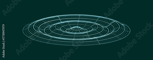 Abstract digital waveform visualization with concentric rings and interconnected lines on a dark background