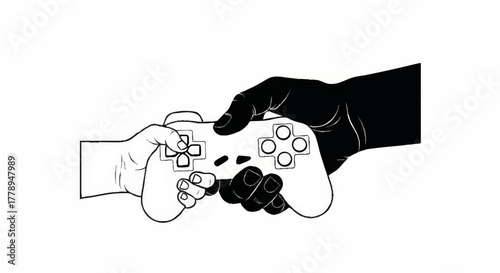 Two diverse hands holding a video game controller. Black and white line art illustration of unity and collaboration in gaming. Minimalist vector graphic for esports and community concepts