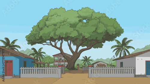 Picturesque village scene with houses, trees, and a clear blue sky backdrop