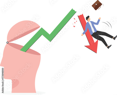 economic bubble crisis cause investors to be in debt or bankrupt concept. Businessman holding falling red estate graph arrow.
