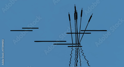 Minimalist line art illustration of cattails in water. Abstract vector graphic of reeds and roots. Simple nature and wetland plant concept
