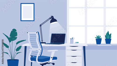 Modern office workspace with desk, chair, laptop, and plant near the window