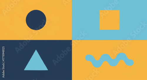 Abstract geometric shapes in a grid layout. Flat design vector illustration with basic forms. Circle, square, triangle, and wave elements
