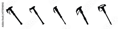 Ice axe silhouette vector icon set – mountaineering, climbing, hiking, and adventure equipment illustrations