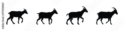 Goat silhouette vector icon set – farm animal, livestock, agriculture, and nature illustrations