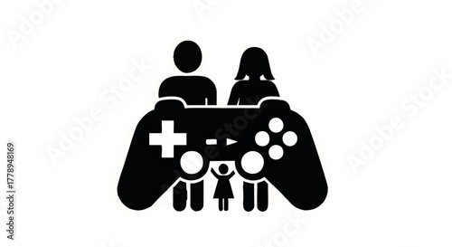 Family gaming concept icon. Parents and child with a video game controller. Minimalist flat design vector illustration