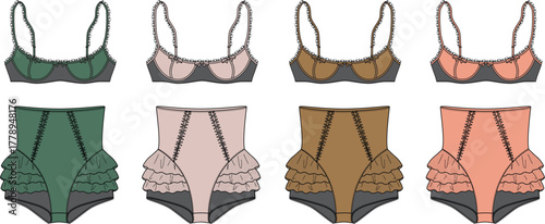 Elegant Lingerie Collection A Stylish Display of Bras and High-Waisted Panties in Various Colors