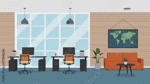 A modern office space with desks, chairs, and a comfortable seating area