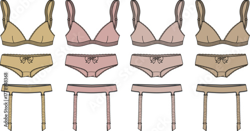 Set of Underwear, Bra, Panties, Suspender Belt Fashion Illustration