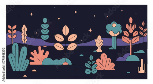 A stylized night landscape with fantasy plants and trees. Modern flat design vector illustration. Magical nature scene for a background or banner.