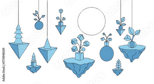 Abstract illustration of geometric floating islands and hanging planters. Surreal minimalist line art with plants. Fantasy nature and technology concept vector graphic