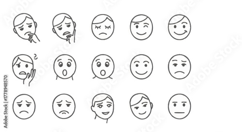 A set of hand-drawn facial expression icons. Minimalist line art illustrations of various human emotions and moods. Vector symbols for customer feedback and UI design