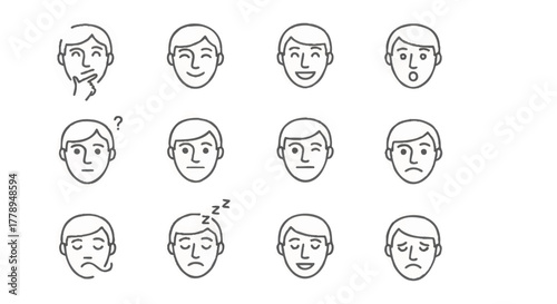A set of facial expression and emotion line icons. Minimalist outline vector illustrations of human moods. Character avatars for UI and web design