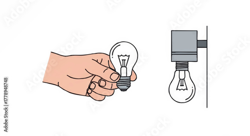 A hand changing a light bulb illustration. Home maintenance and electrical installation concept. Simple line art vector graphic isolated on white background