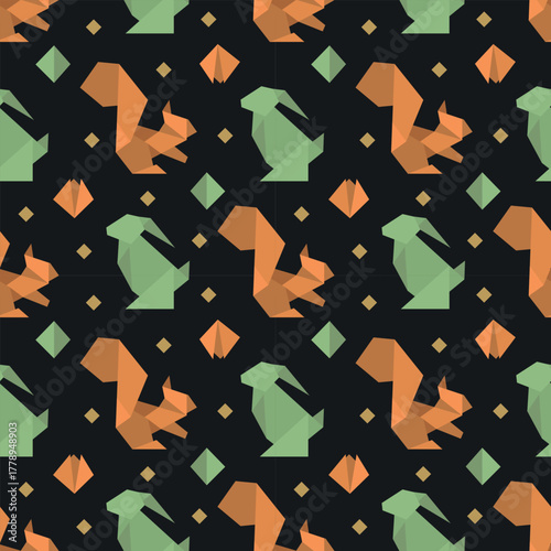 Colorful geometric pattern featuring animals like squirrels and rabbits in polygonal style, seamlessly arranged against a dark background. Ideal for modern design projects.