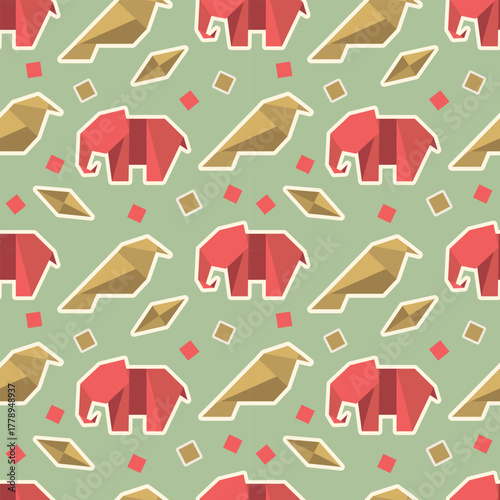 Seamless pattern featuring origami elephants and birds in red and gold on a light green background. This vector illustration is perfect for textiles, wallpapers, and crafts.