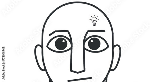 Minimalist line art of a head with a lightbulb icon. A vector illustration representing creativity, ideas, and innovation. Simple conceptual graphic for brainstorming
