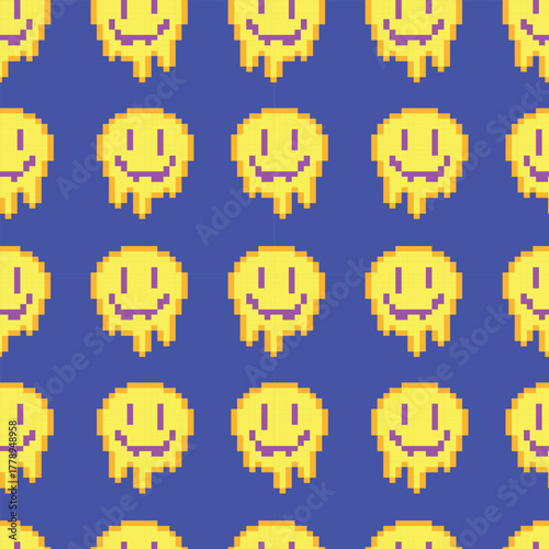 Melting Smiley Face Pixel Art Pattern on Purple. Ideal for digital and textile design projects.