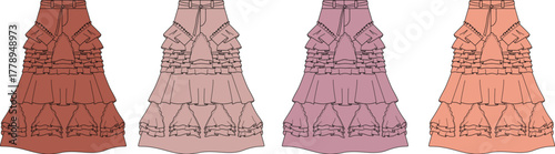 A collection of four tiered ruffle dresses in varying shades of pink and brown