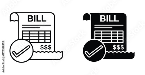 Bill paid icon. Line with editable stroke and flat for Web