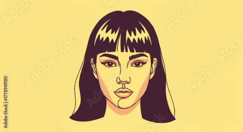 Modern vector illustration of a woman's face. Stylized line art portrait with bangs and a nose piercing. Minimalist flat design graphic