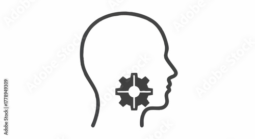 Human head with gear icon. Thinking process and intellect concept. Minimalist line art vector illustration