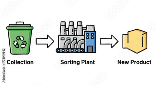 Recycling process diagram with collection, sorting, and new product stages. Simple vector illustration for a waste management infographic. Environmental and sustainability concept graphic