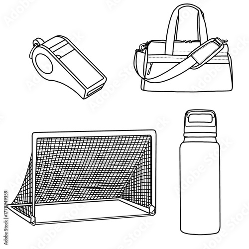 A black and white illustration featuring soccer equipment, including a whistle, duffel bag, soccer goal, and water bottle. Vector illustration. Line drawing sketch, isolated on a white background. 