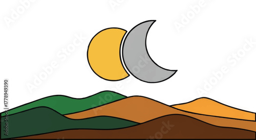 Sun and moon over rolling hills landscape. Minimalist flat design vector illustration. Day and night duality concept icon
