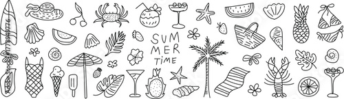 Summer vacation doodle illustration set. Beach and sea travel elements. Hand drawn palm tree, fruit, lobster, seafood, shell, bikini, cocktail.  Collection of hand drawn tribal tattoo designs