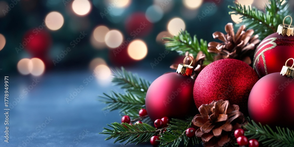 Fototapeta premium Red christmas baubles, pine branches, and copy space