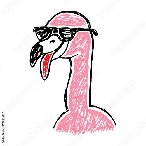 Pink flamingo wearing black sunglasses vector hand drawn animal logo character