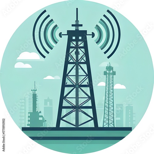 Communication Towers and Cityscape Illustration in Teal Circle.