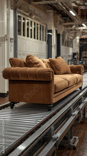 A brown sofa on a conveyor belt in an industrial setting. Background features a factory