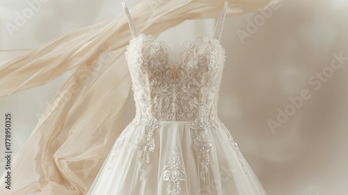 A beautiful wedding dress with intricate lace detailing and a flowing tulle skirt.