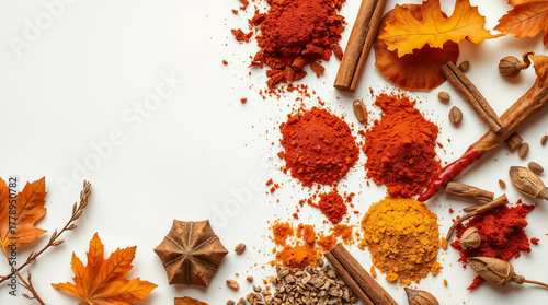 Colorful spices arranged on a white surface. Includes turmeric, paprika, and chili peppers