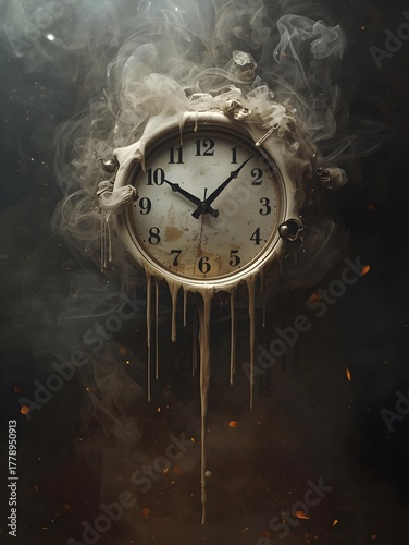 Creative composition of a melting wall clock surrounded by smoke embers symbolizing wasted time urgency and pressure