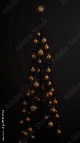 A black elegant Christmas tree adorned with golden ornaments. Tree stands against a dark background