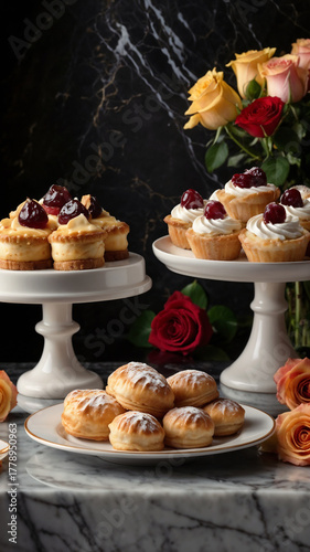 A collection of assorted pastries on silver trays. Pastries are topped with fruit and cream