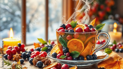 A glass cup filled with mixed ripe fruits including cranberries, blueberries, and orange slices