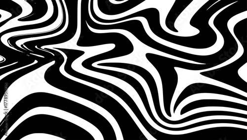 Swirling black and white pattern creates optical illusion with dynamic, wavy lines, forming a hypnotic and abstract, high-contrast visual experience