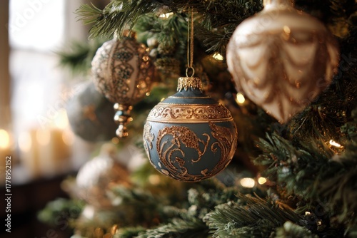 Ornate blue and gold Christmas bauble hanging on green tree