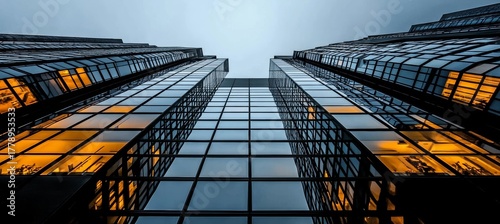 Skyscrapers Towering Above the Cityscape A Stunning Evening Reflection on Glass Facades and Lights