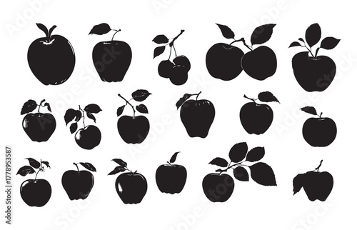 Apple fruit silhouette with set bundle leaves
