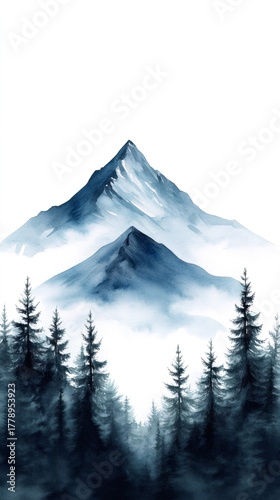 Blue watercolor mountain landscape with forest fog